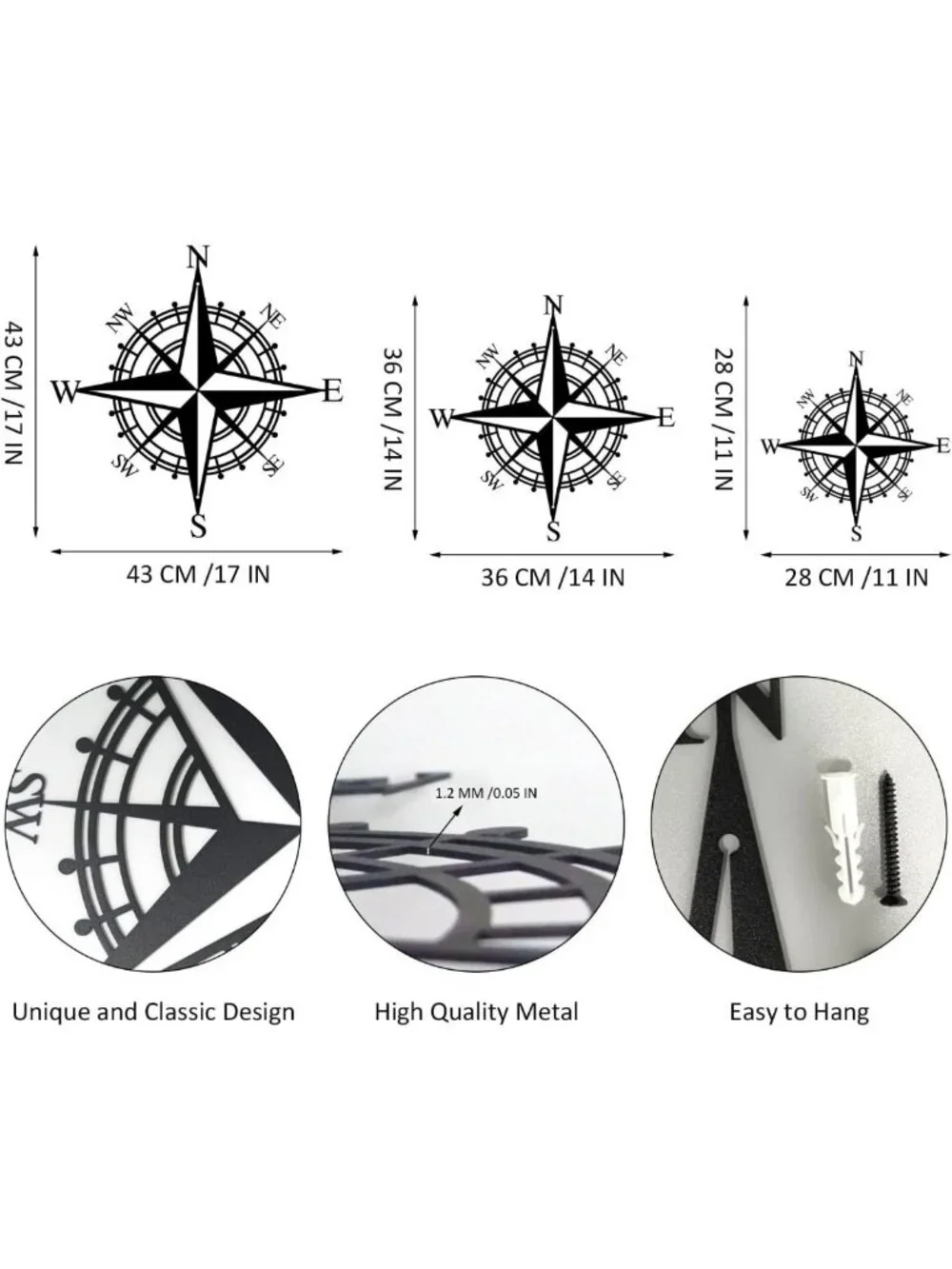 Nautical Compass Black Metal Wall Art | Beach Theme Home Decor Accent